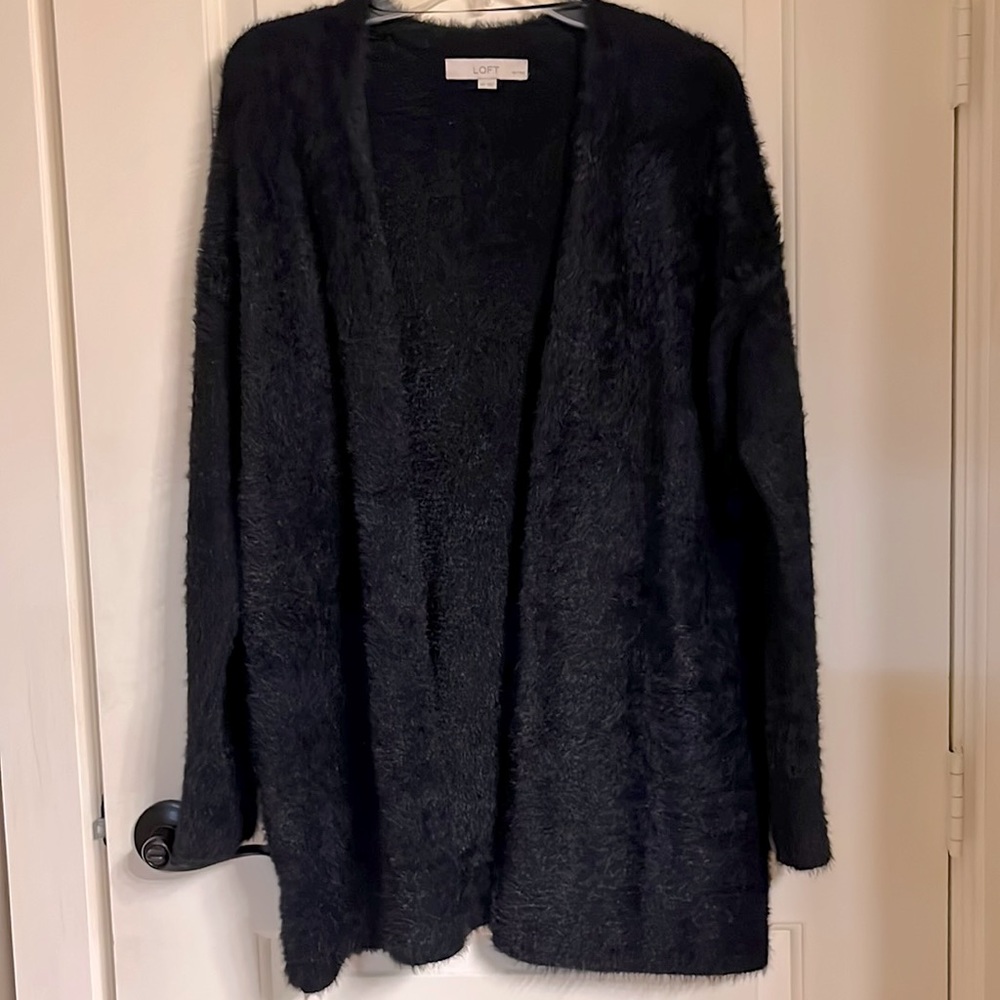 Loft MP Black Fuzzy Open Sweater Coatigan